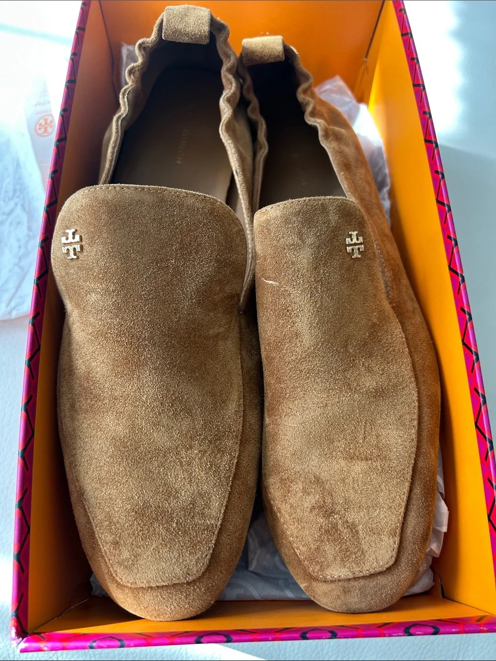 Tory Burch Chestnut Suede Elastic-Back Loafers with Gold Logos